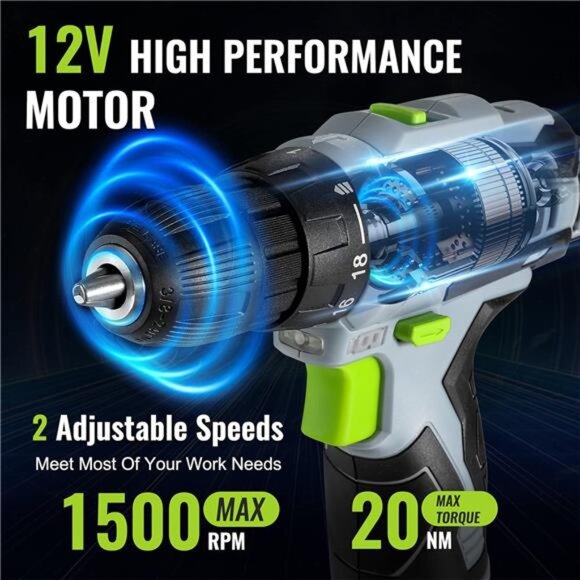 Cordless Drill Driver Kit, 12V Electric Screwdriver Driver Tool Kit,3/8" Keyless - Picture 2 of 8